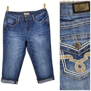 Y2K Earl Capri Jeans Size 6 Denim Pants Embroidered Pocket Folded Hem Womens
